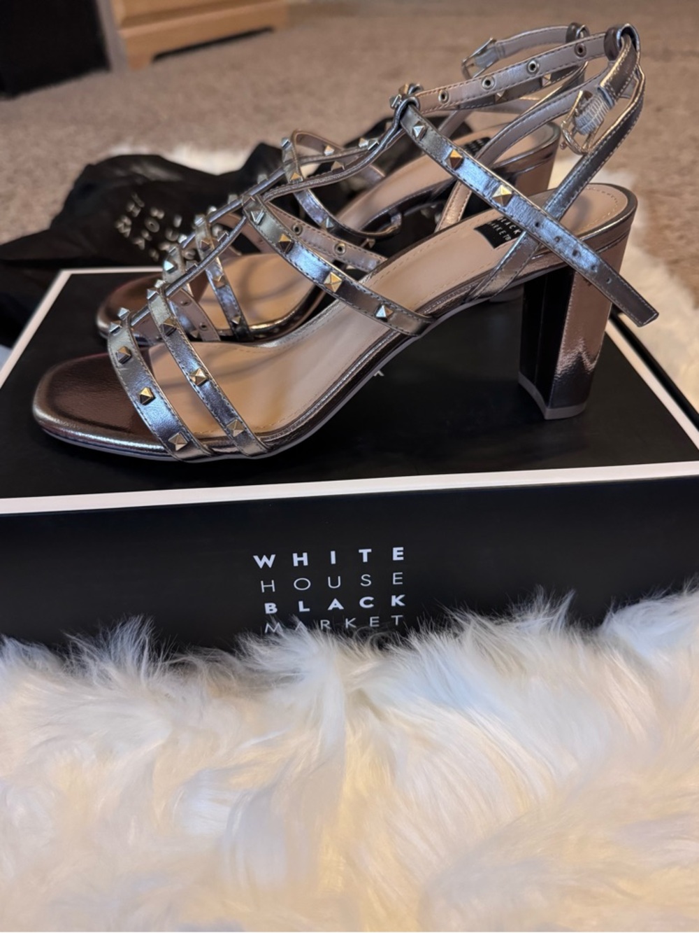 White House Black Market Metallic Studded Strappy Block Heel Sandals